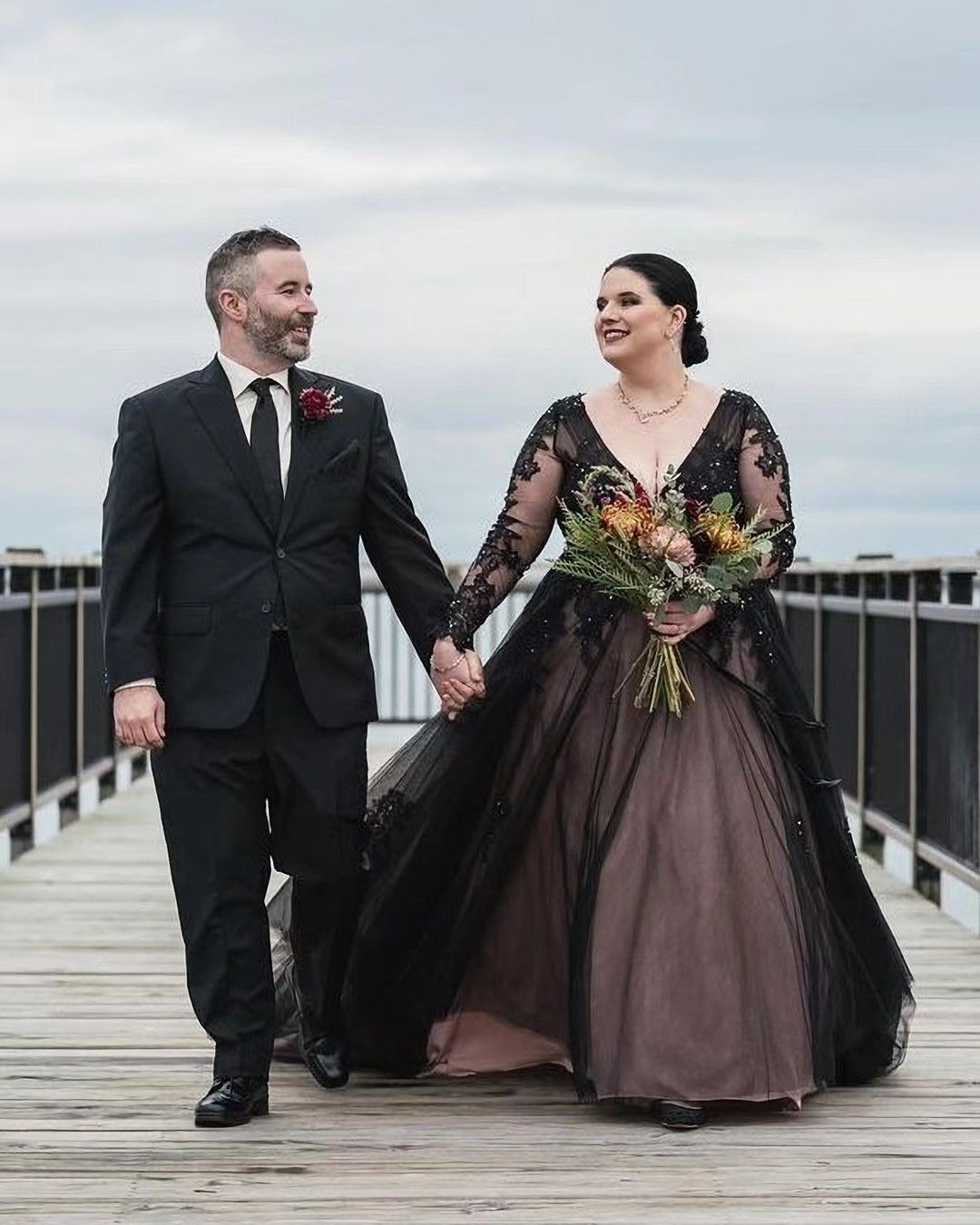 plus size black wedding dresses with v-neck and long sleeves