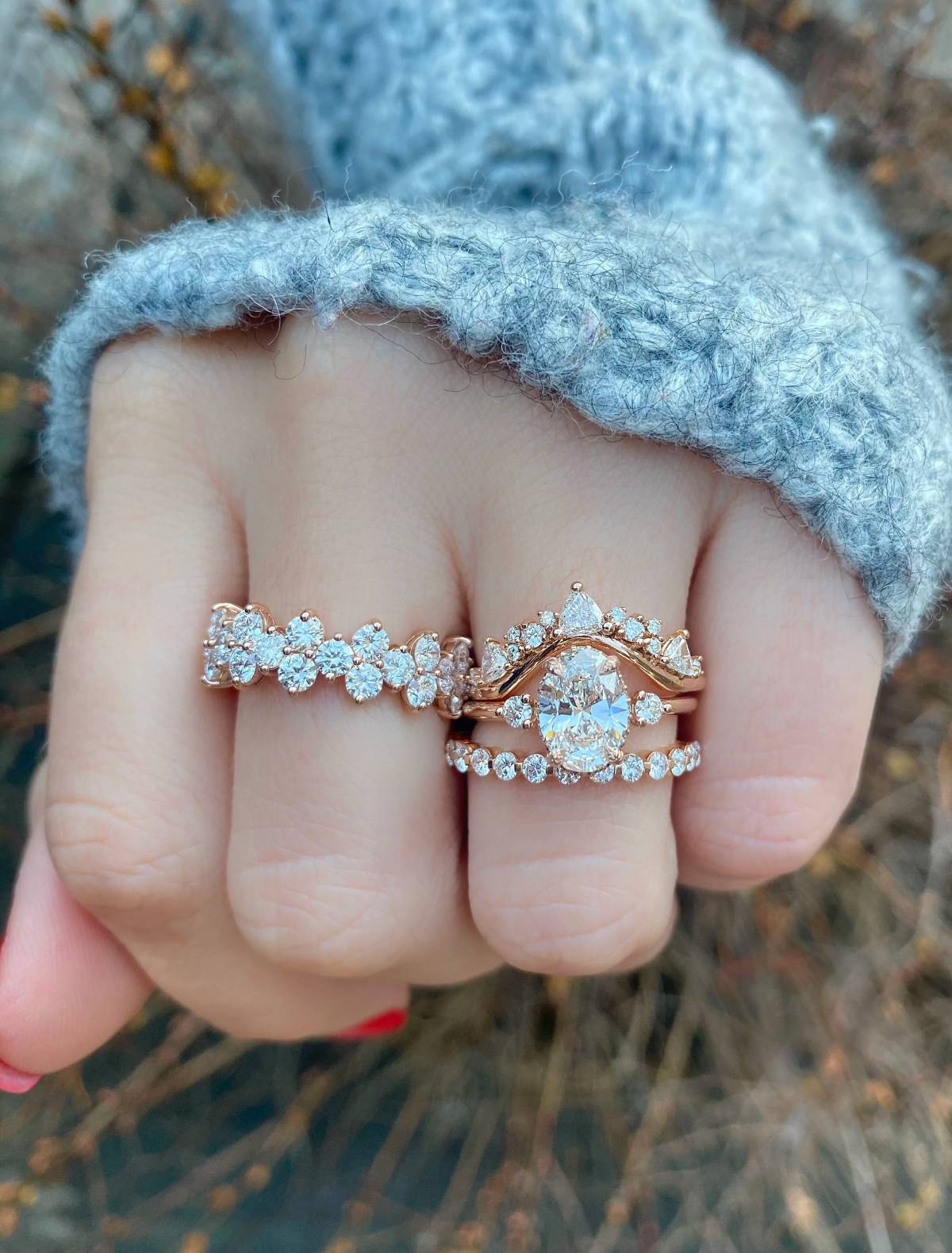 vintage floral rose gold engagement ring bridal set