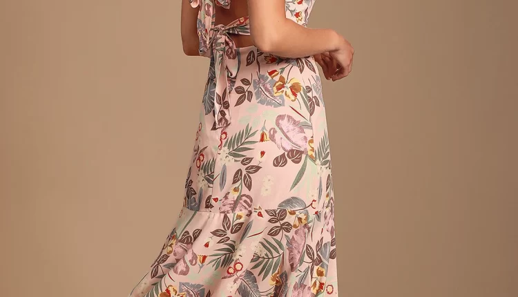 Blush Pink Tropical Print Tie-Back Summer Midi Guest Dress