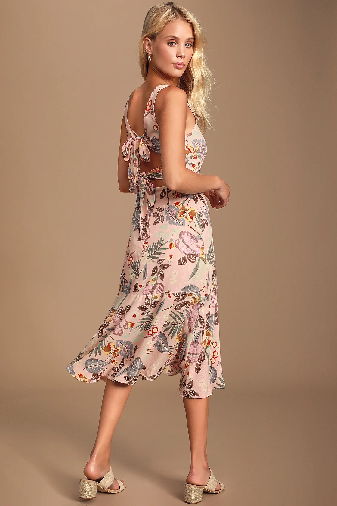 Island Sun Blush Pink Tropical Print Tie-Back Midi Dress