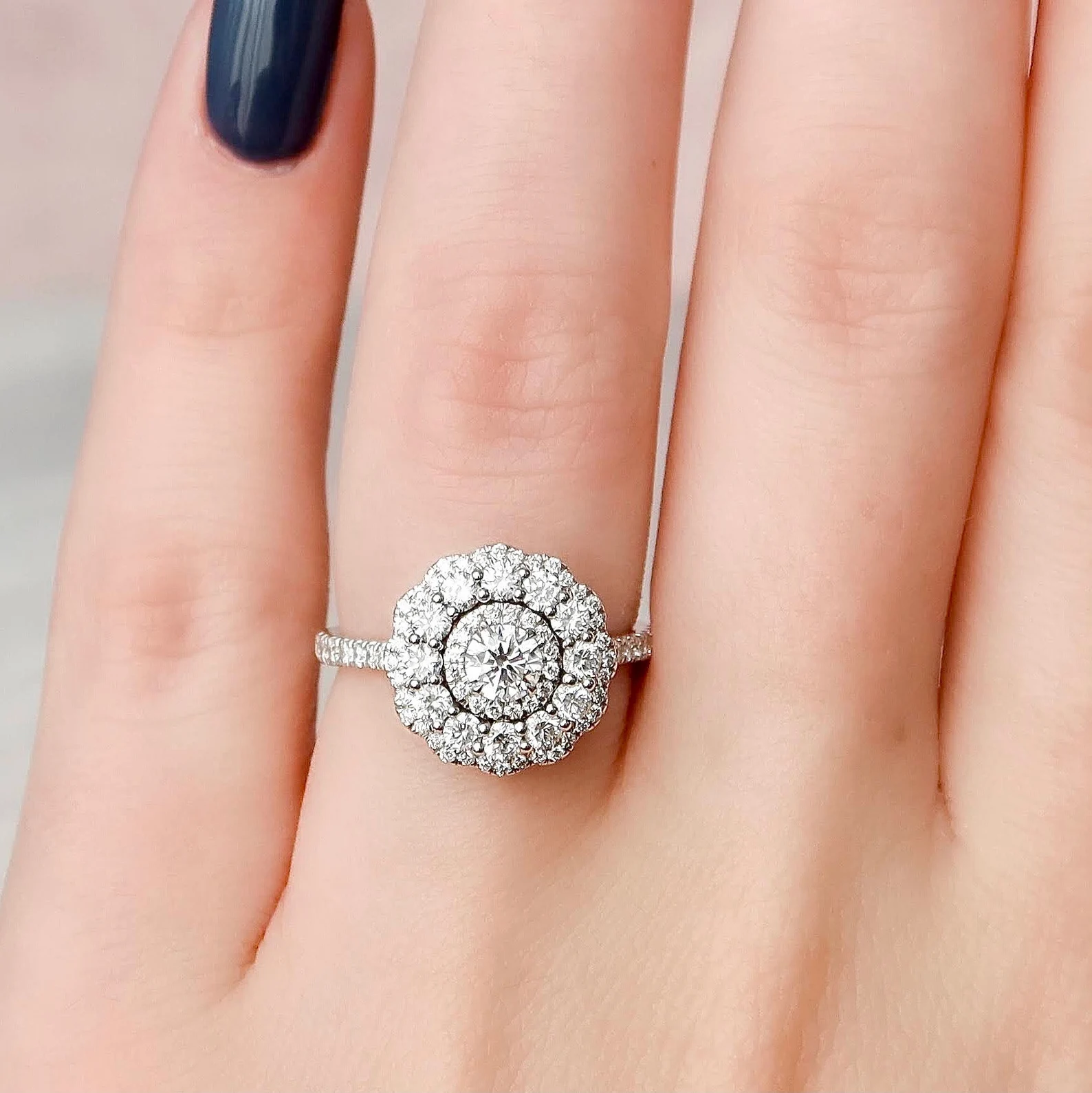 Floral Diamond Halo Engagement Ring in White Gold