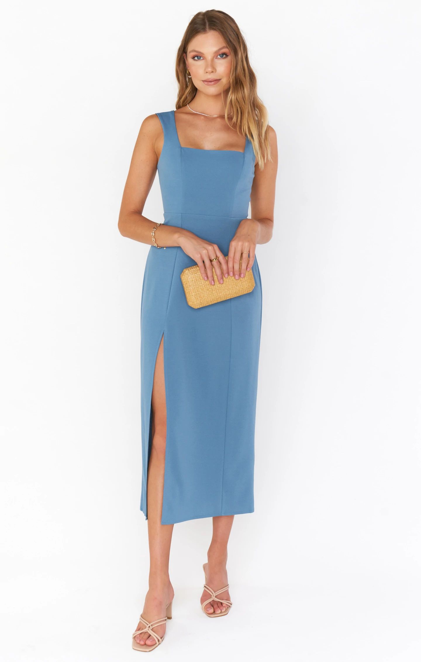 French blue eden midi wedding guest dress