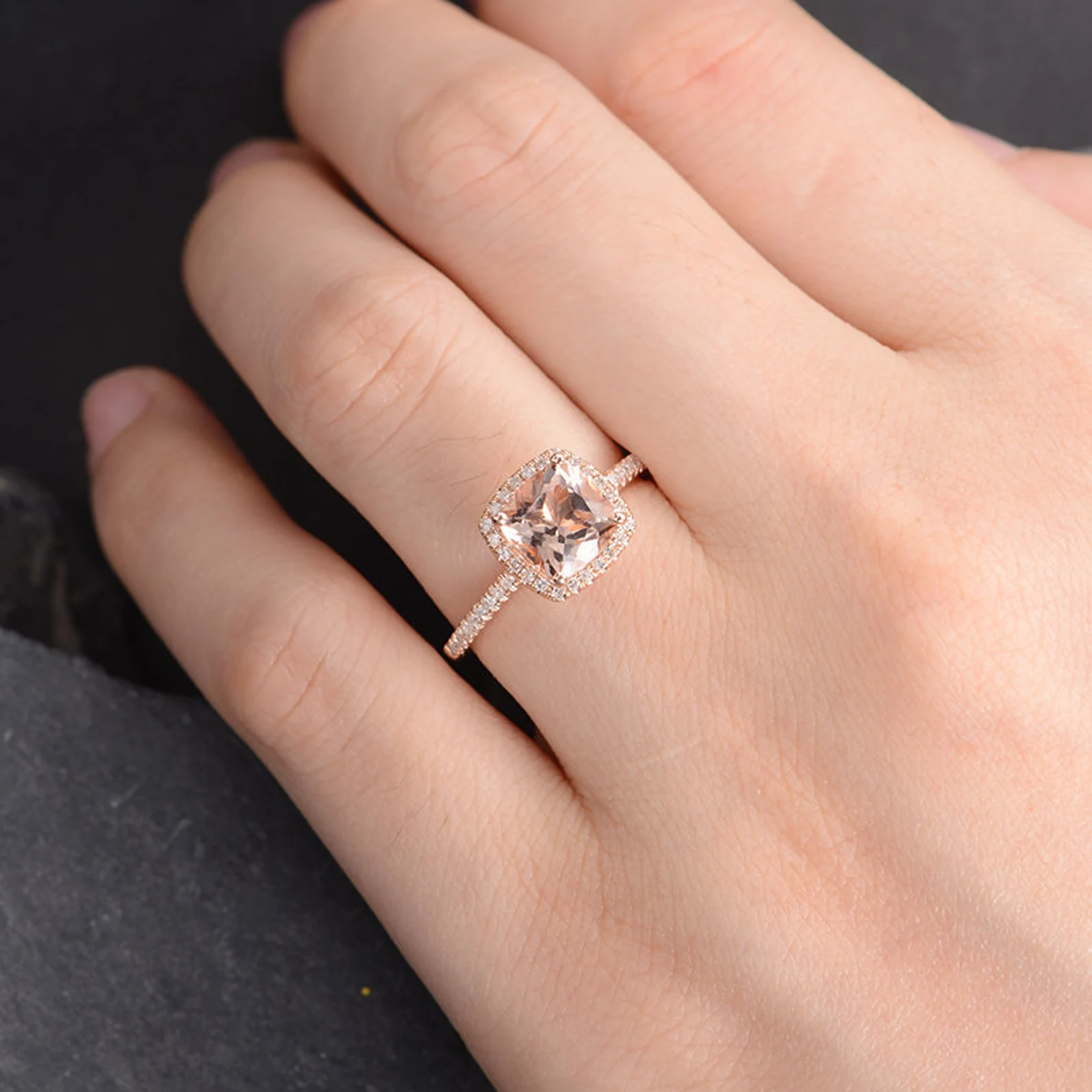 Morganite Halo Engagement Ring in Rose Gold Cushion Cut