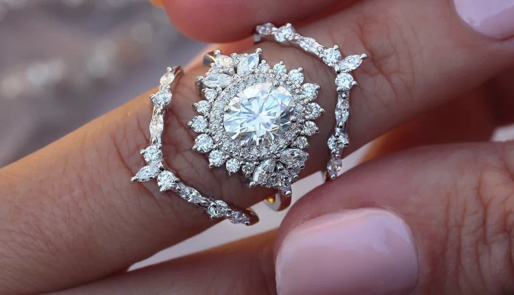 Oval Halo Diamond Engagement Rings 3.3ct Nesting Bands Three Wedding Ring Set