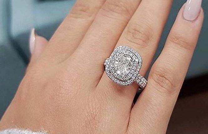 double brilliant diamond halo engagement ring in white gold with diamond pave band