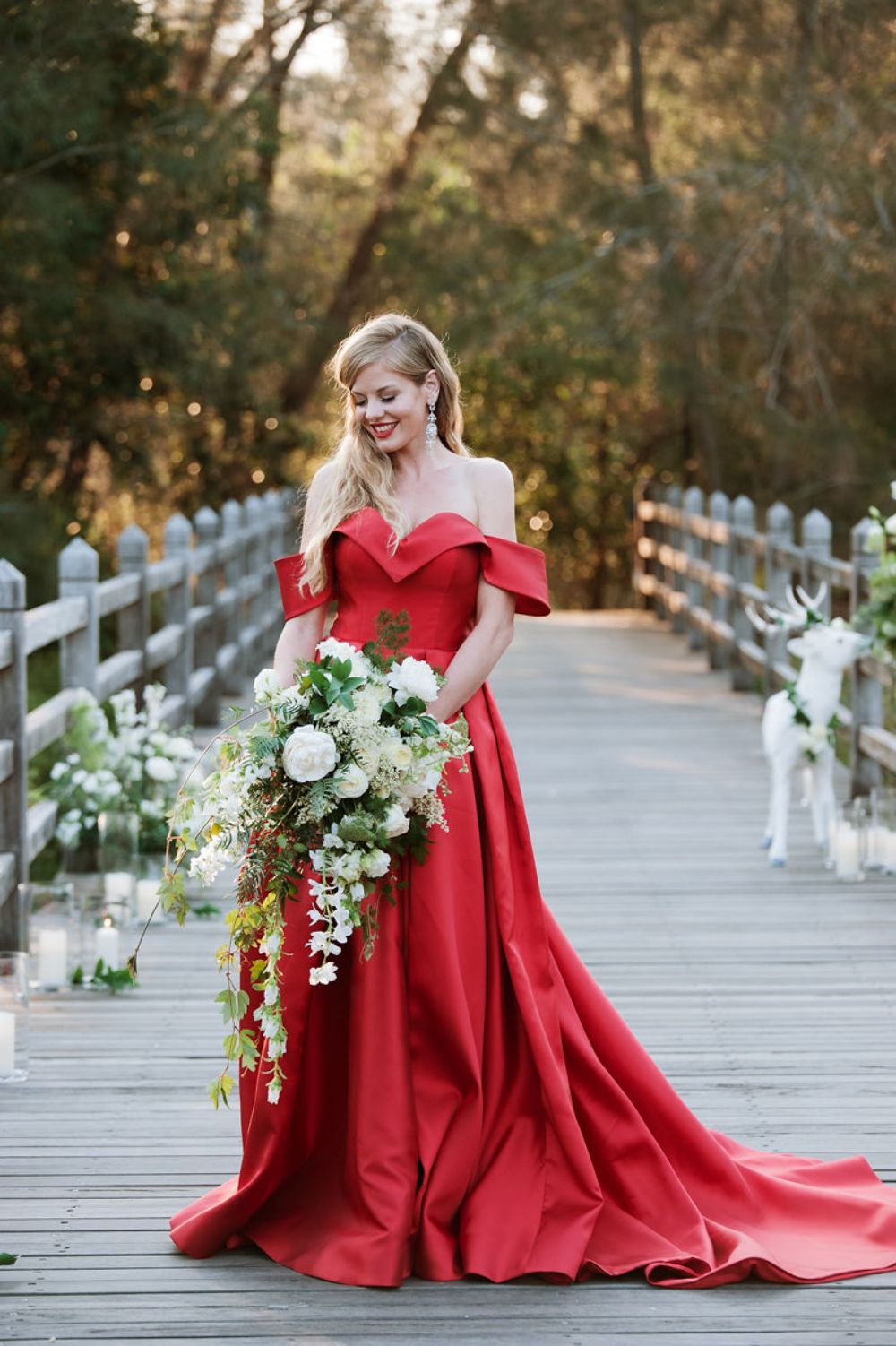 off the shoulder satin red wedding dress