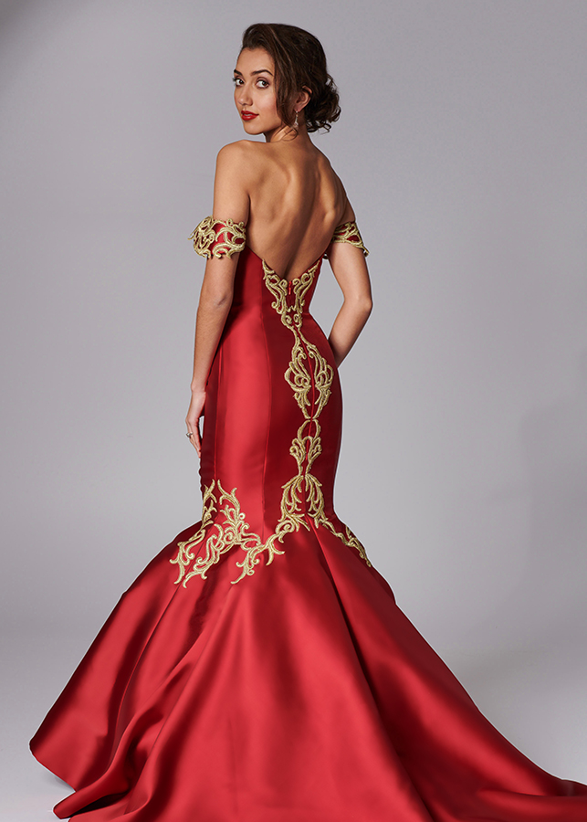 red fishtail wedding dress with gold lace applique and draped sleeves