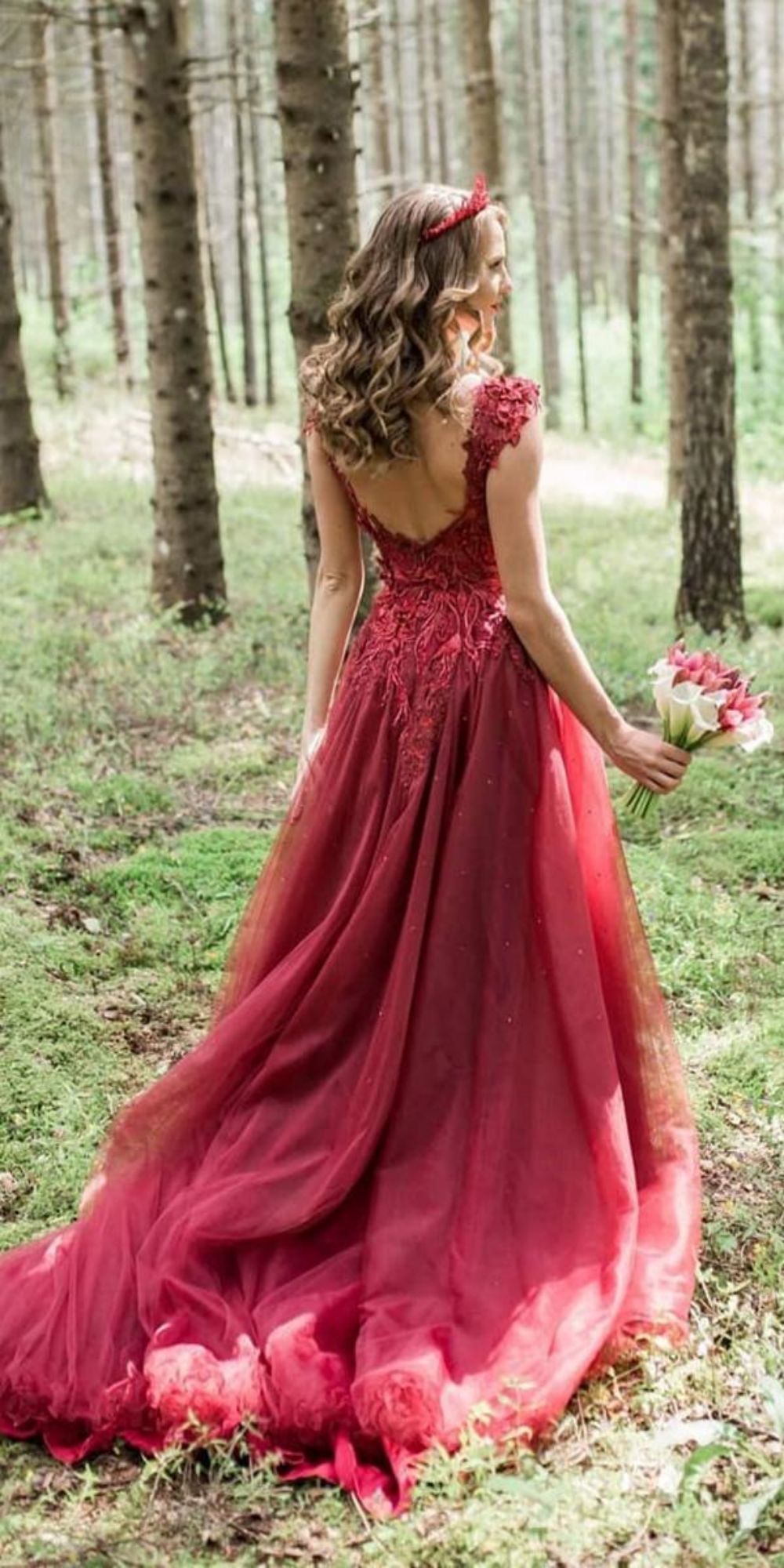 red wedding dresses a line low back lace country