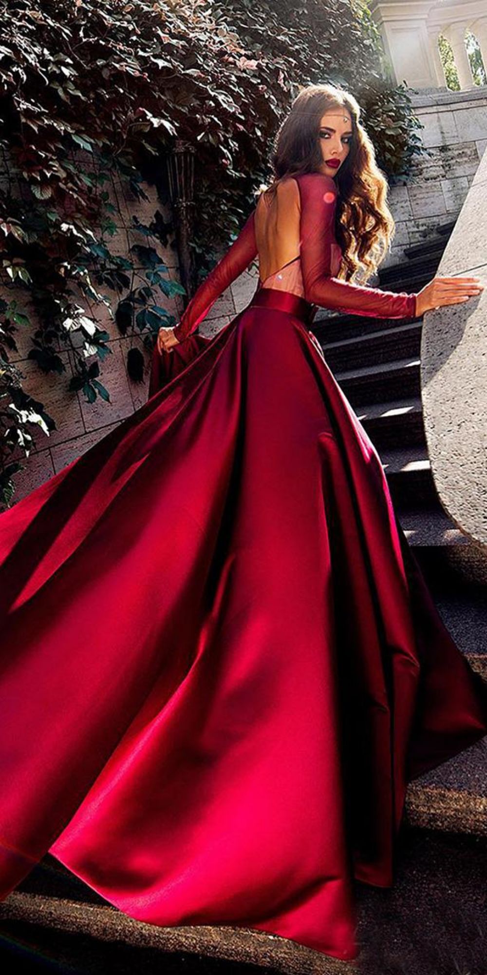 red wedding dresses a line open back with long sleeves