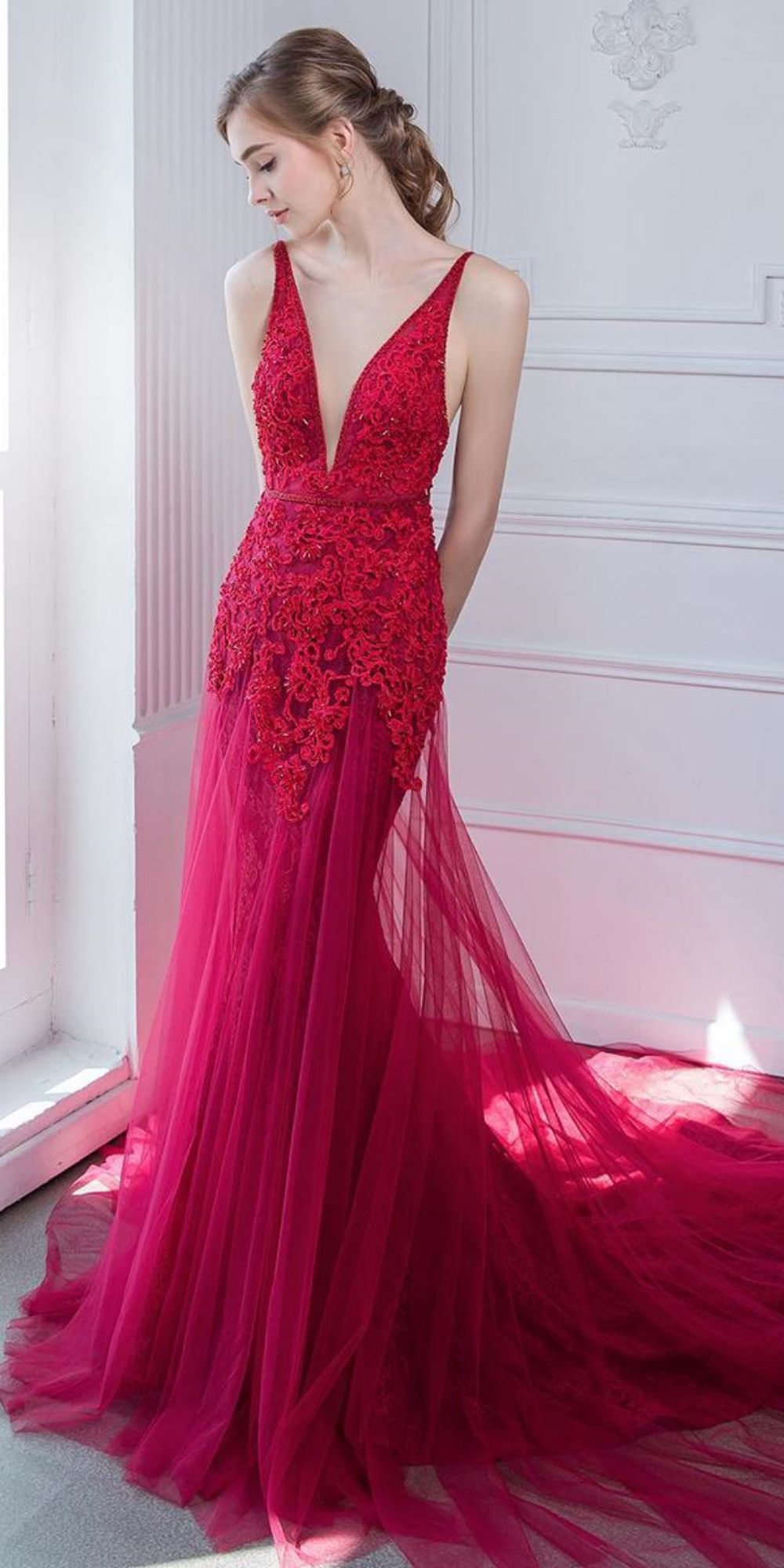 red wedding dresses lace dep v neckline