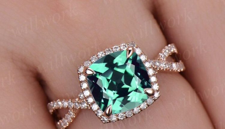 vintage rose gold halo cushion emerald engagement ring
