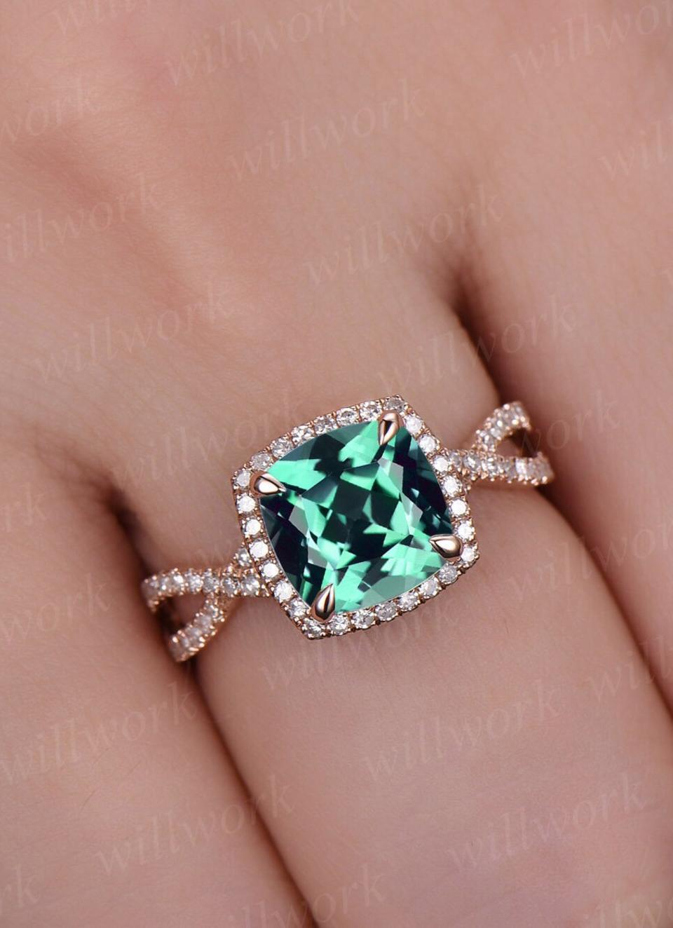 vintage rose gold halo cushion emerald engagement ring