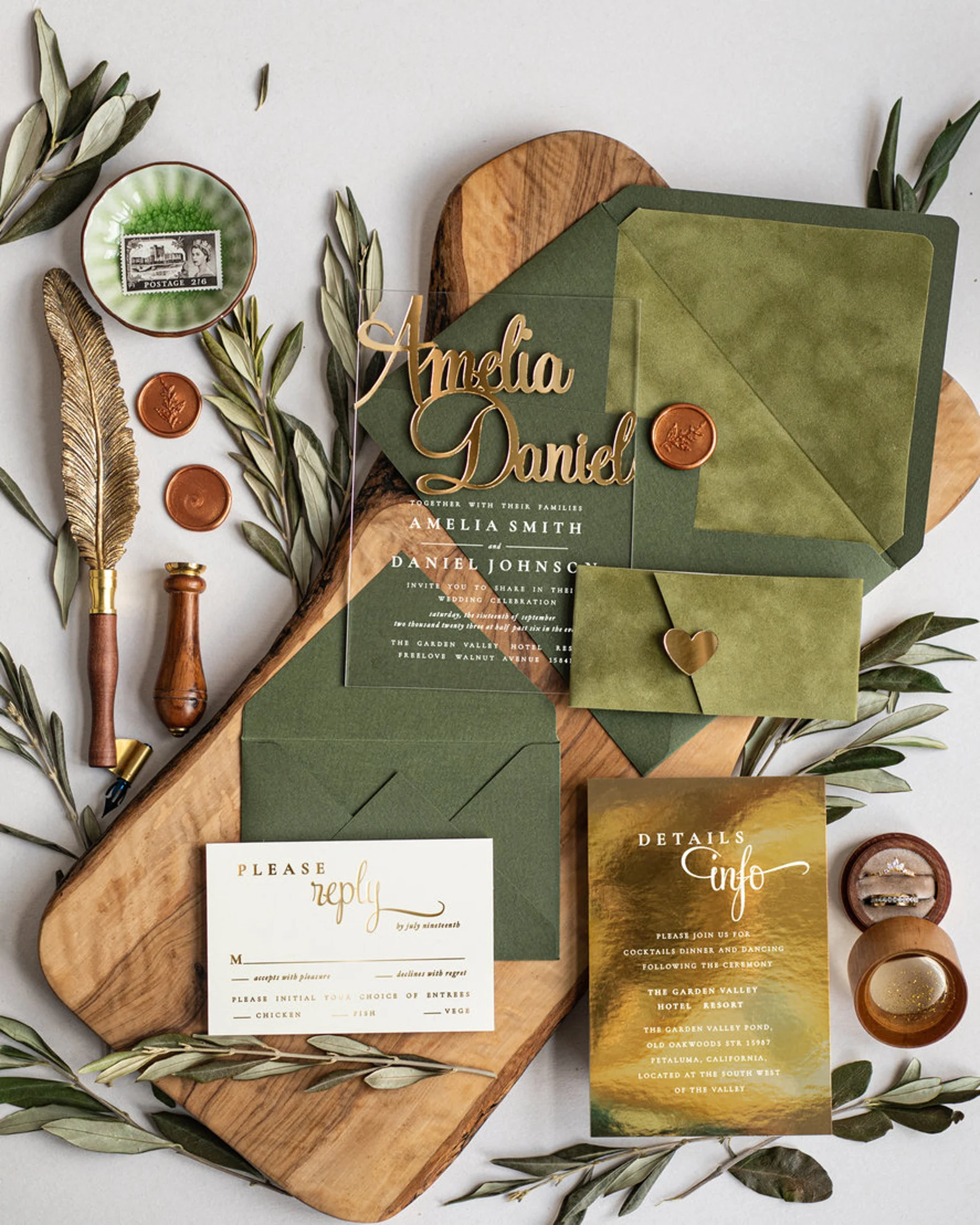Acrylic Greece Gold Olive Wedding Invitations