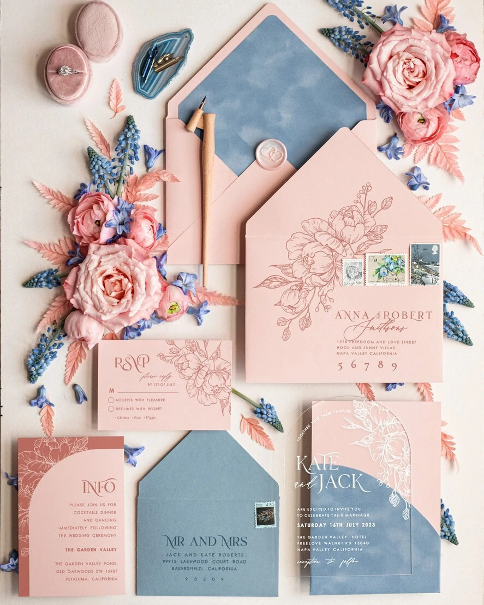 Elegant blush pink ice blue arch acrylic wedding invitation with velvet pocket
