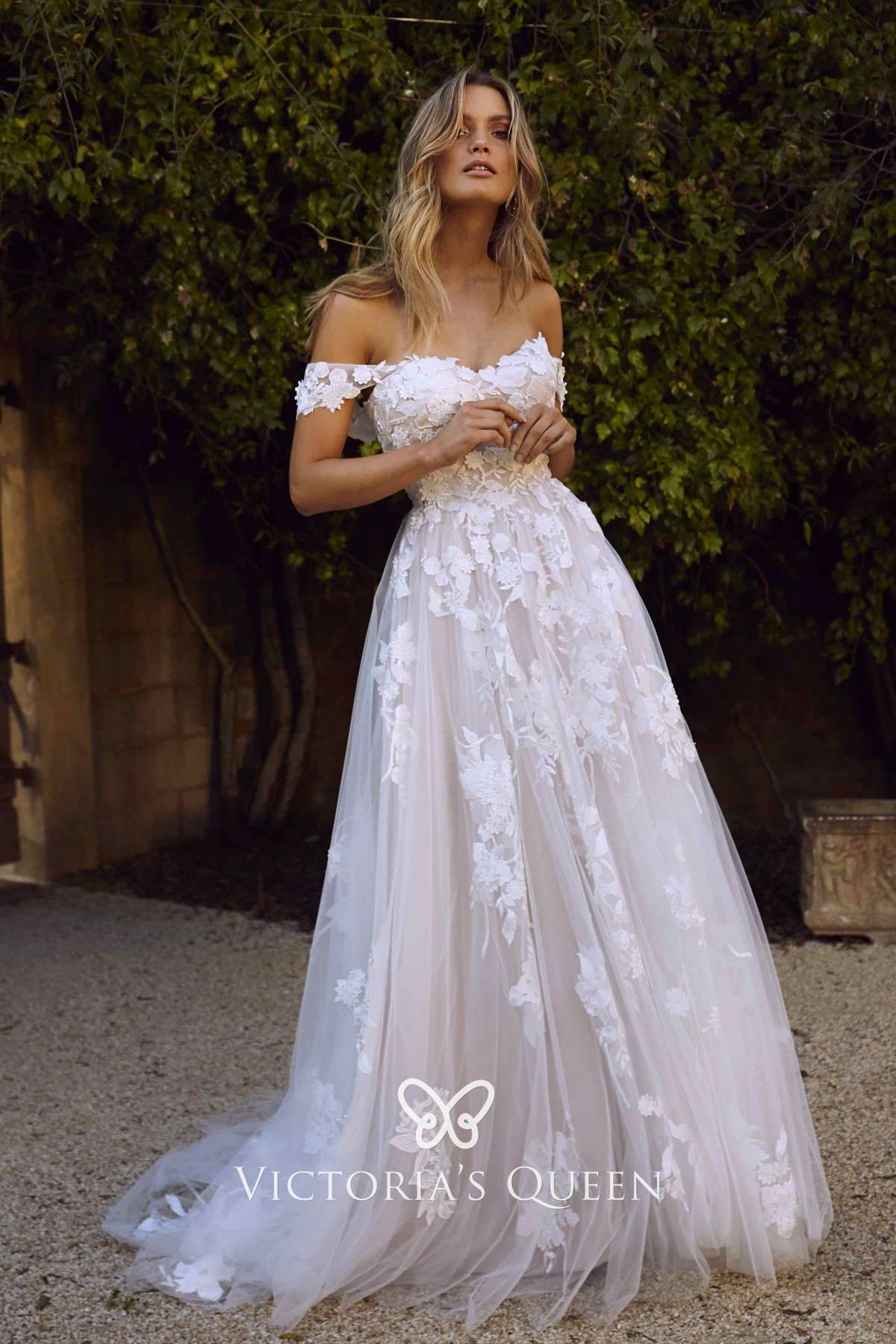 Floral Lace Tulle Off shoulder Boho Wedding Dress