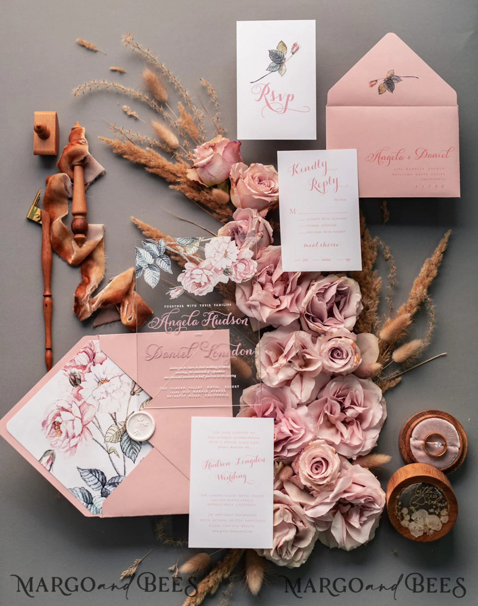 Luxury Blush Pink Acrylic Wedding Invites With Flower Graphic