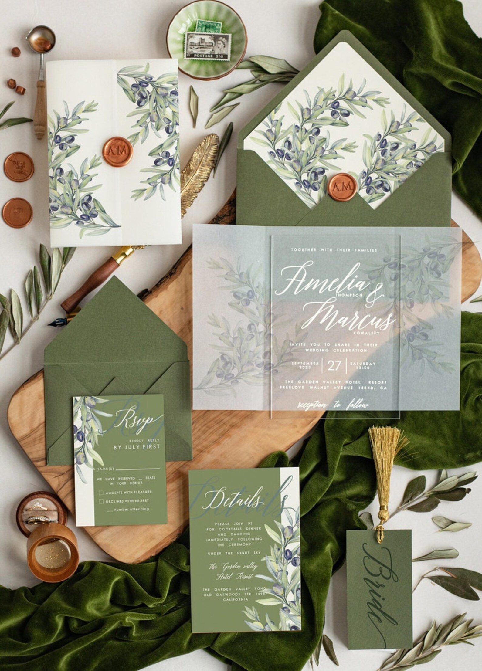 Luxury Olive Acrylic Greece Wedding Invitations