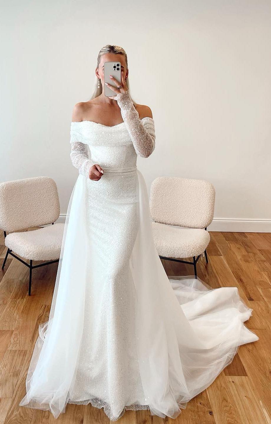 simple wedding dresses off the shoulder long sleeves