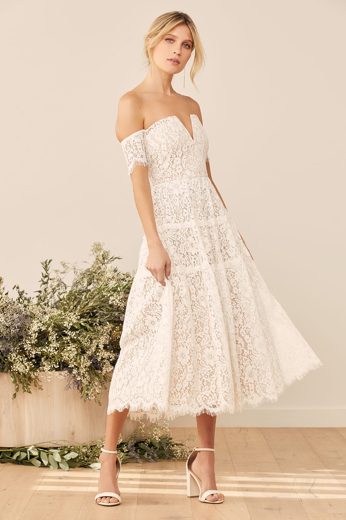 Midi White Lace Off-the-Shoulder Casual Wedding Dress