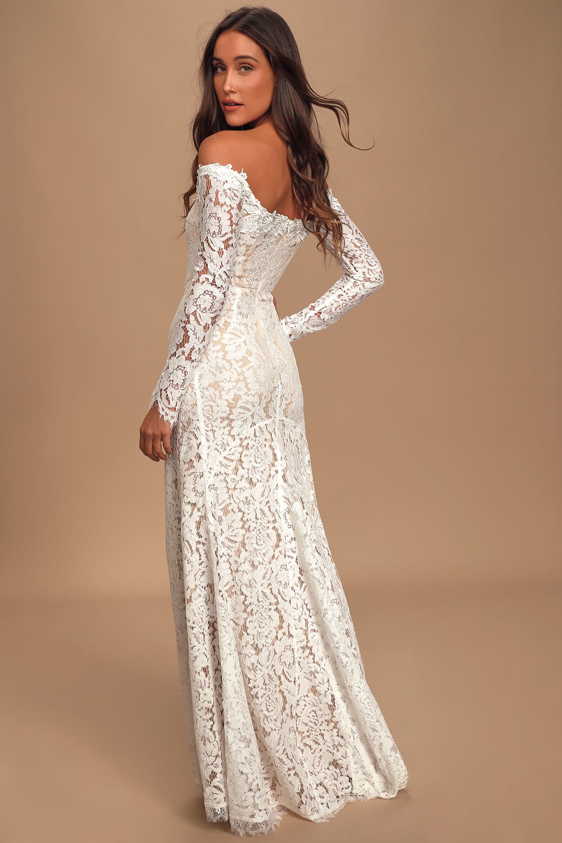 White Lace Off-the-Shoulder Casual Wedding Dress