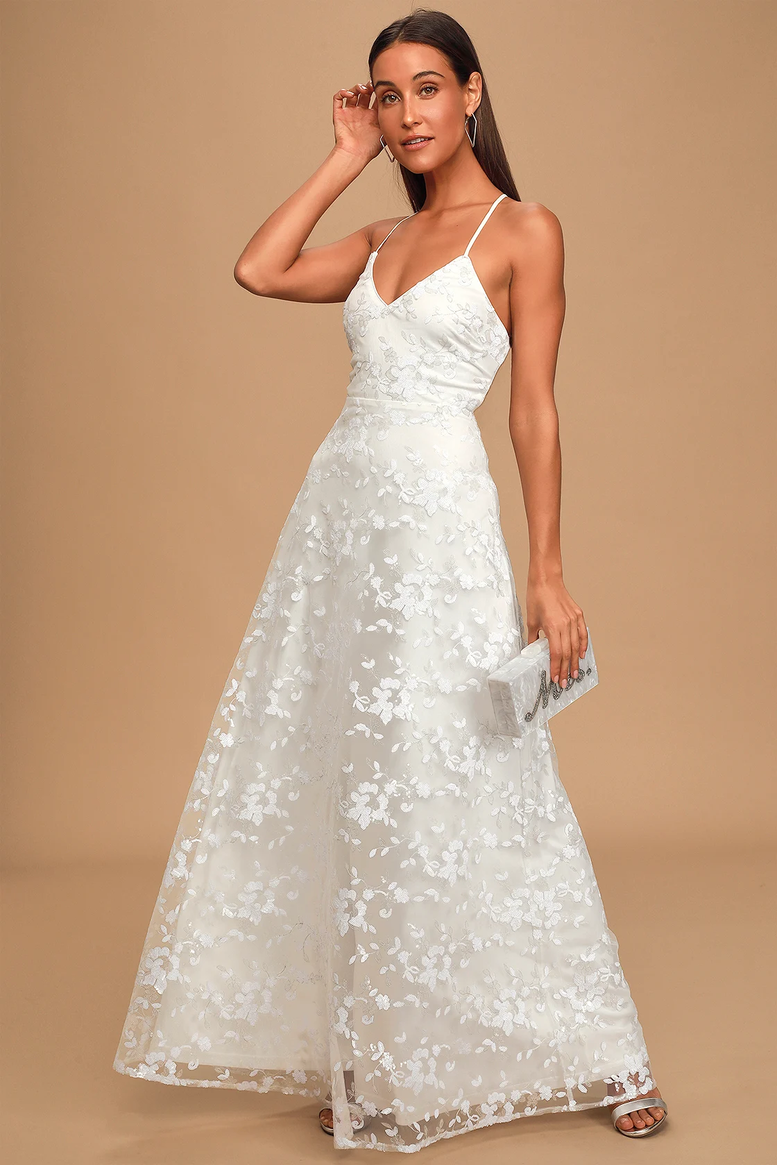 White Sequin Embroidered Lace-Up Casual Wedding Dress