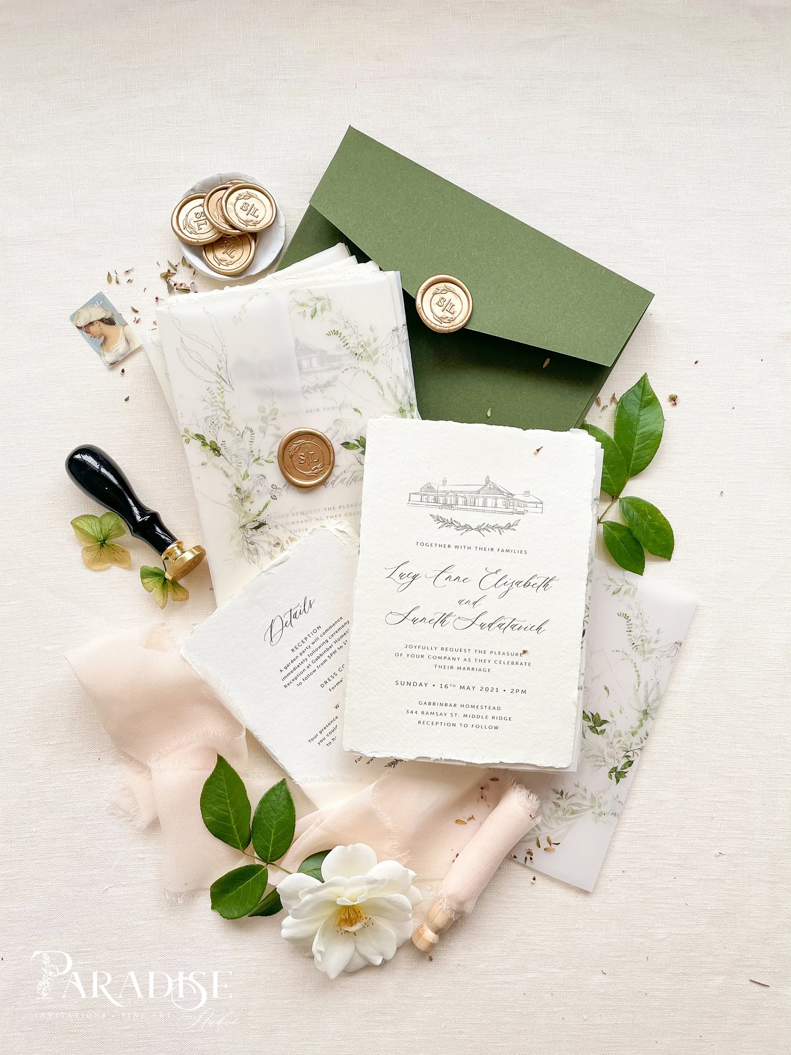 when to send out wedding invitations - Greenery Deckled Edge Paper Wedding Invitations with Vellum Jacket Wax Seals