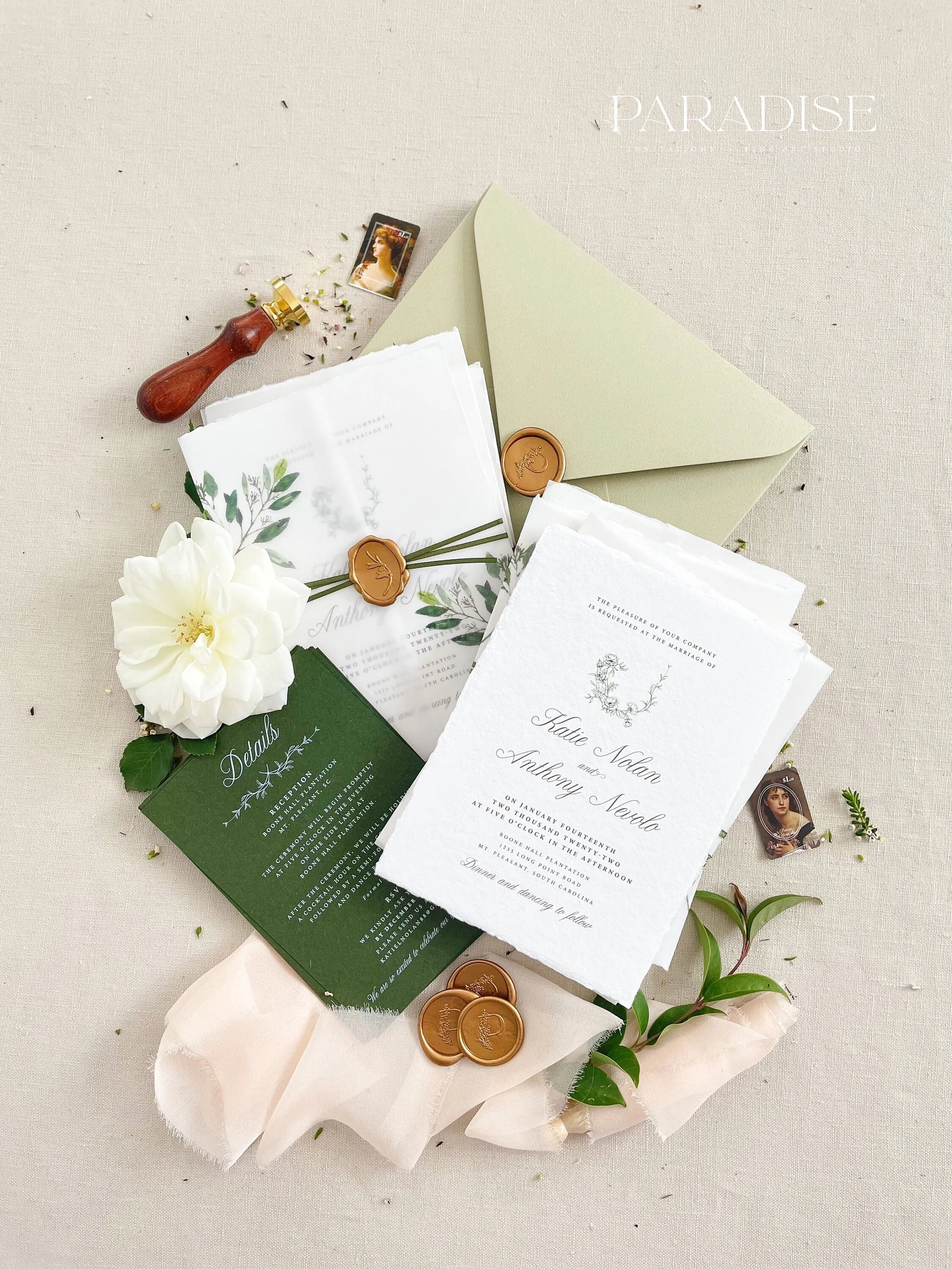 Olive Green Deckled Edge Paper Wedding Invitations with Vellum Jacket Gold Wax Seals