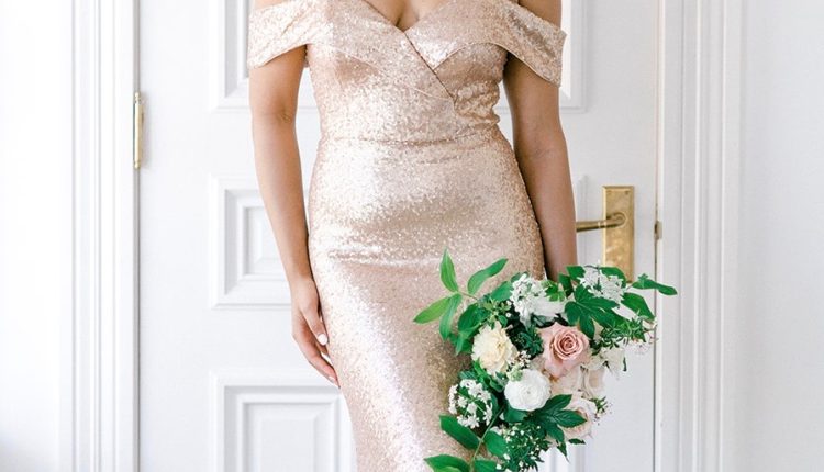 Champagne Gold Off the Shoulder Sequin Bridesmaids Dress