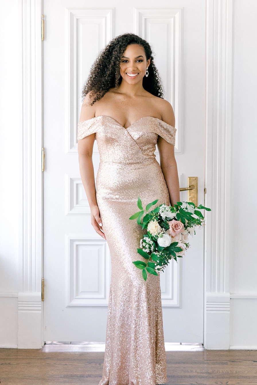 Champagne Gold Off the Shoulder Sequin Bridesmaids Dress