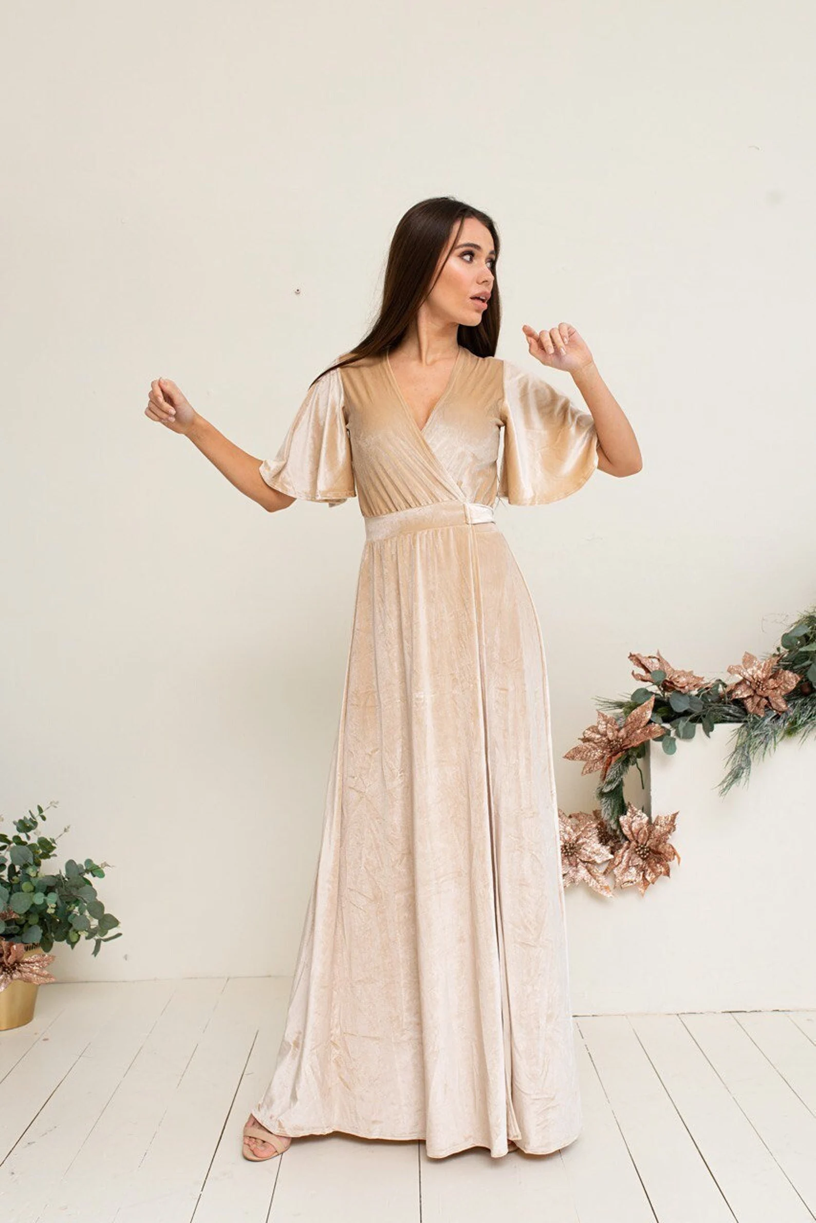 Champagne Velvet Bridesmaid Dress Maxi Flutter Sleeve