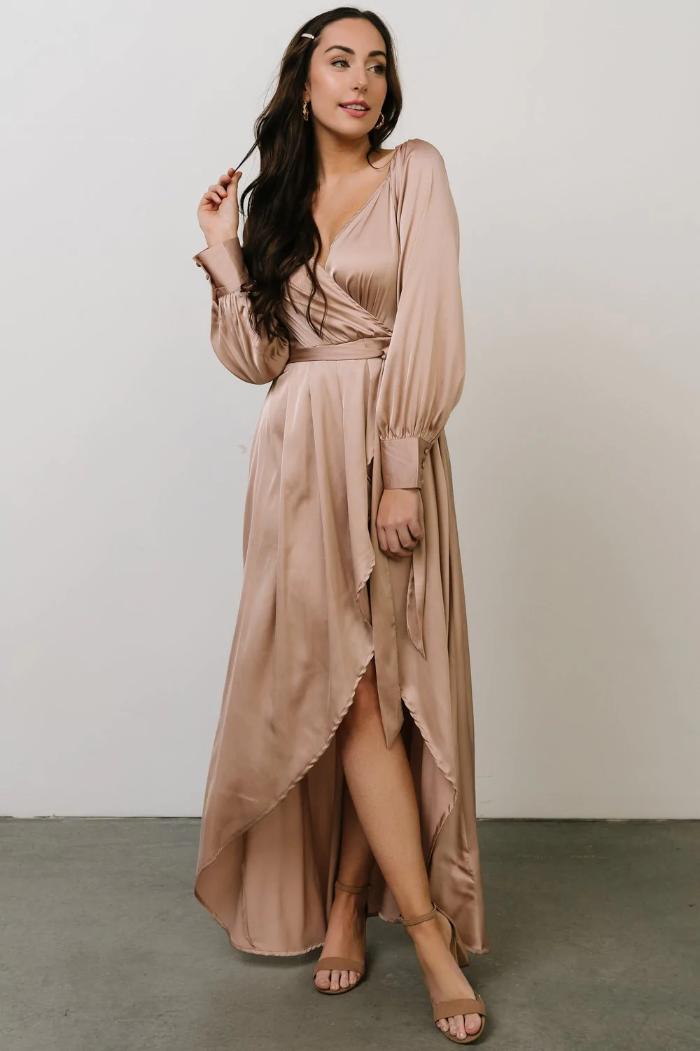 champagne satin bridesmaid dress with long sleeves