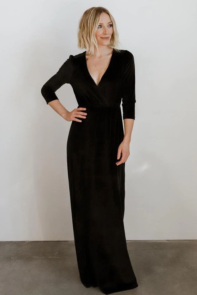 Black Velvet Bridesmaid Dress with elbow length sleeves