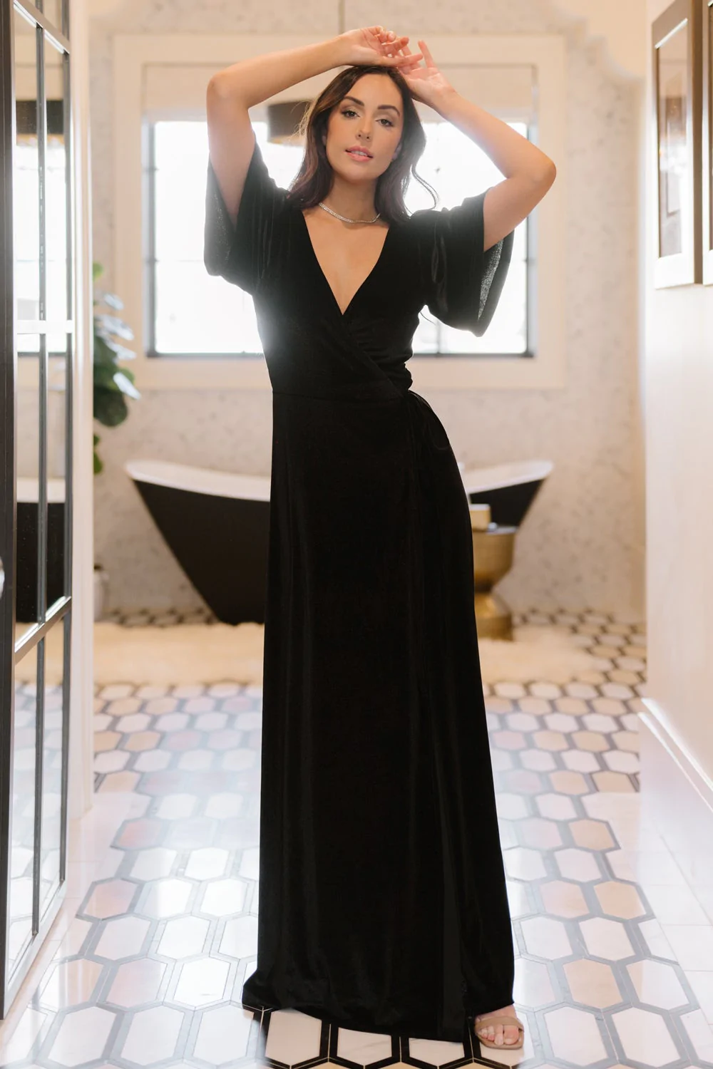 Black Velvet Wrap Maxi Bridesmaid Dress