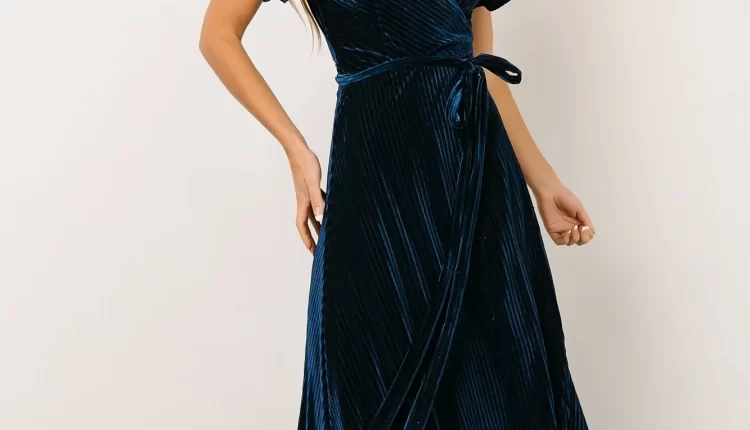 Blue Velvet Bridesmaid Dress with Short flutter sleeves