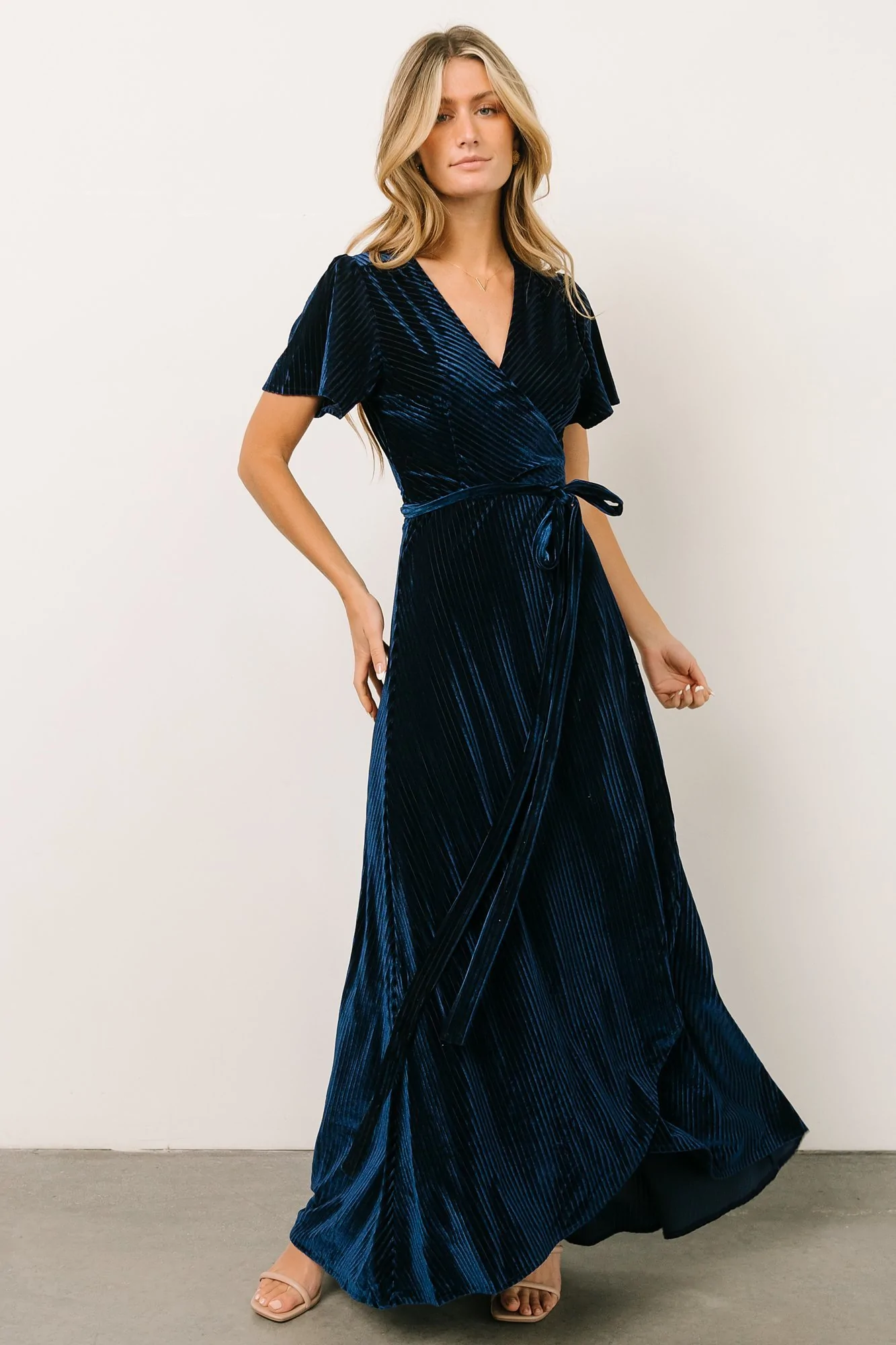 Blue Velvet Bridesmaid Dress with Short flutter sleeves