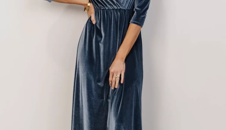 Blue Velvet Bridesmaid Dress with elbow length sleeves