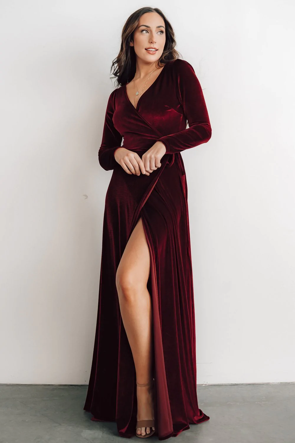 Burgundy Velvet Wrap Maxi Bridesmaid Dress with Long Sleeves