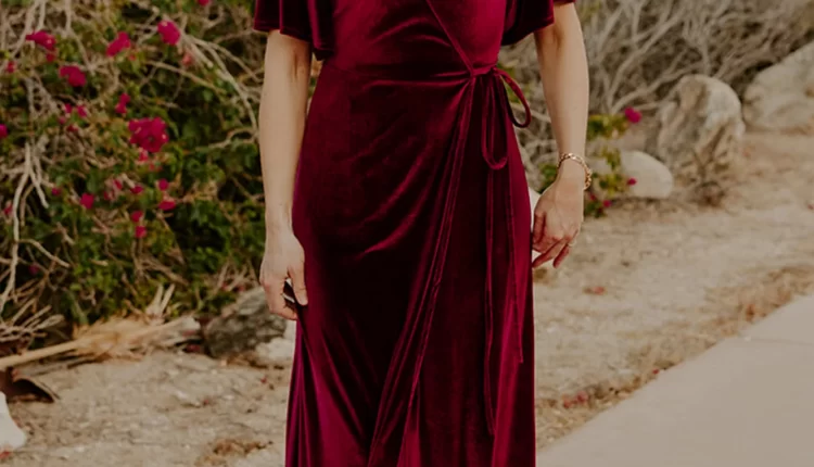 Burgundy velvet wrap bridesmaid dress with subtle bell mid-length sleeves