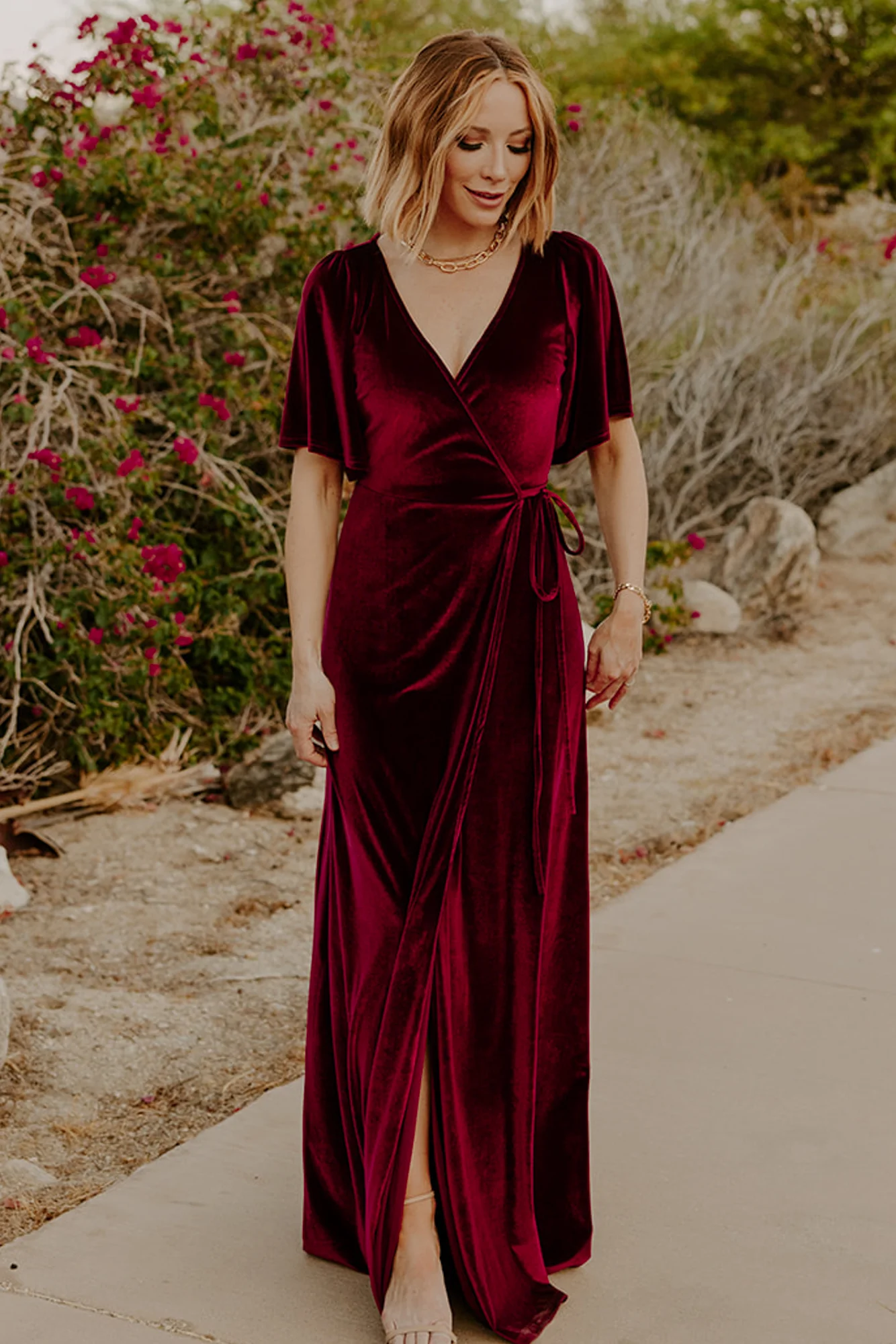 Burgundy velvet wrap bridesmaid dress with subtle bell mid-length sleeves