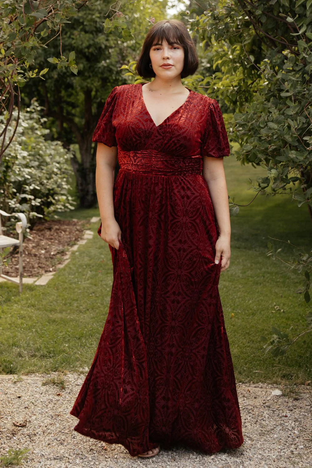 Embossed Burgundy Velvet Plus Size Bridesmaid Dress