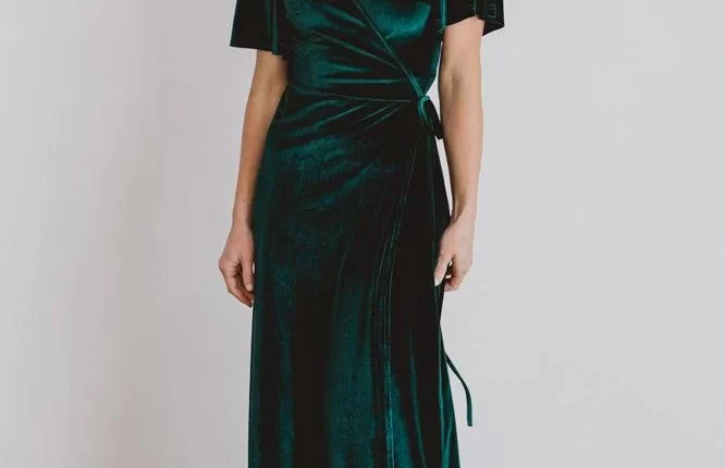 Emerald Green velvet wrap bridesmaid dress with subtle bell mid-length sleeves