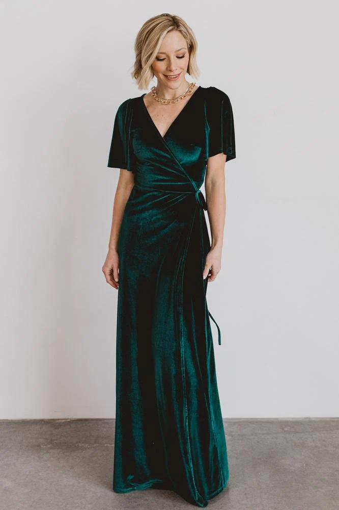 Emerald Green velvet wrap bridesmaid dress with subtle bell mid-length sleeves