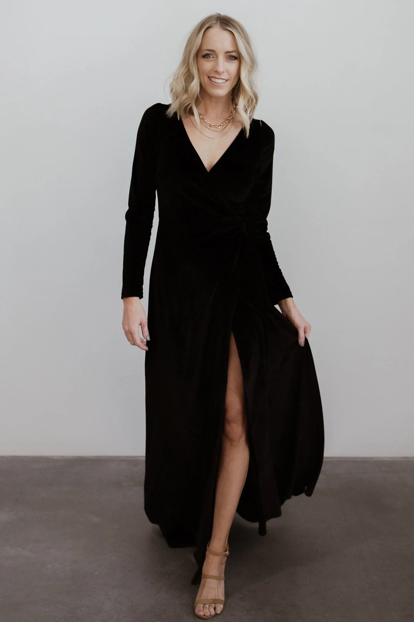 Long Sleeve Black Velvet Wrap Bridesmaid Dress