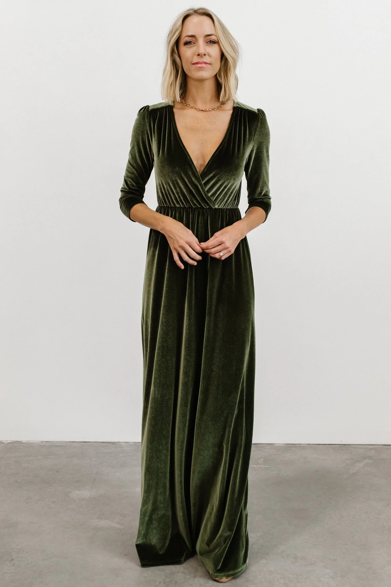 Olive green velvet bridesmaid dress with elbow length sleeves