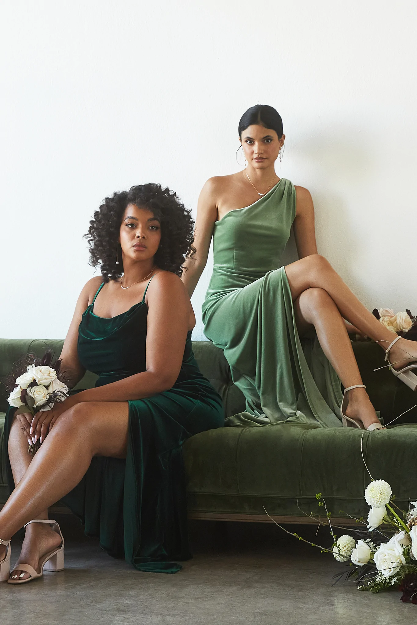 dark sage emerald green velvet bridesmaid dresses