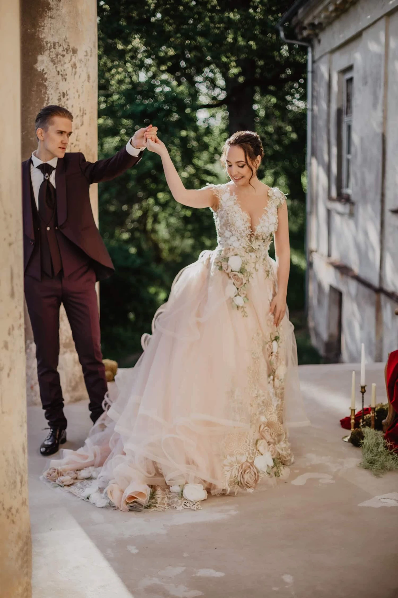 blush pink floral bridal dress