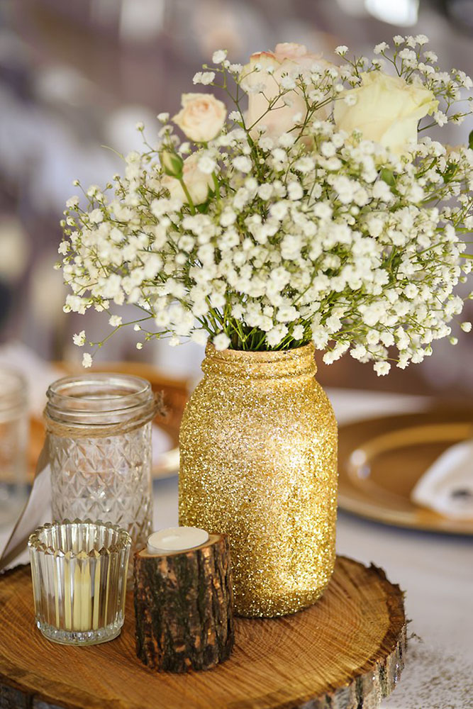 mason jars wedding centerpiece golden jar tender roses and baby breath fowler