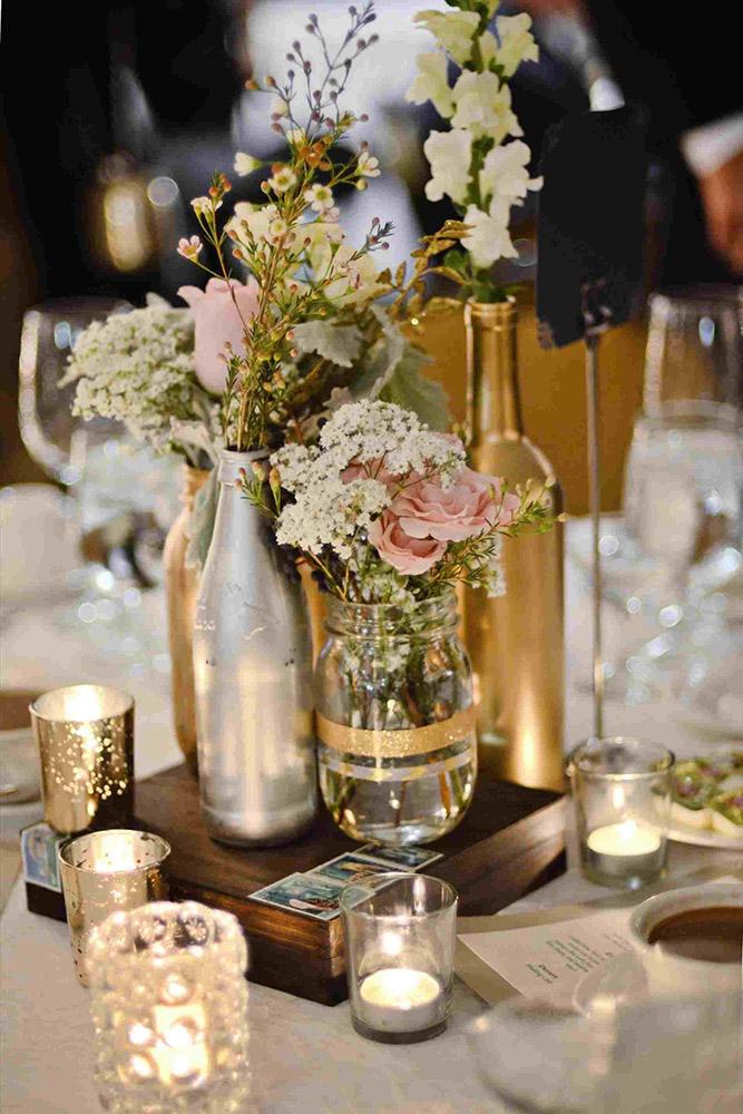 mason jars wedding centerpieces glittered gold bottles with flowers