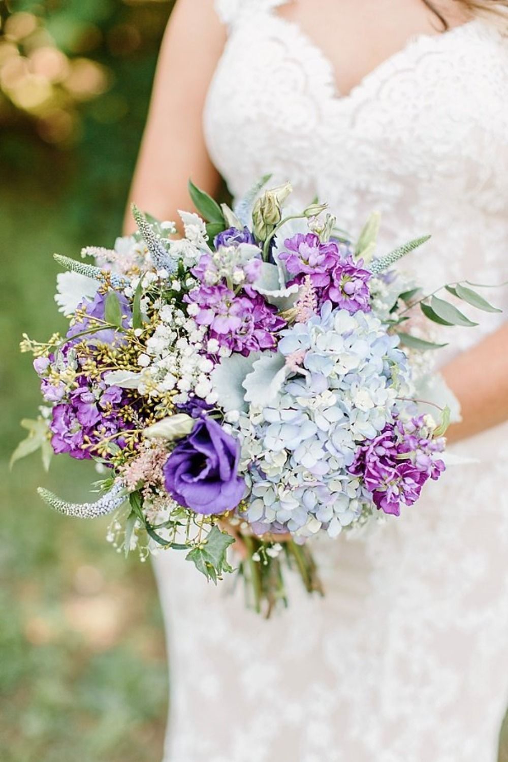 lavender and blue hydrangea wedding bouquet