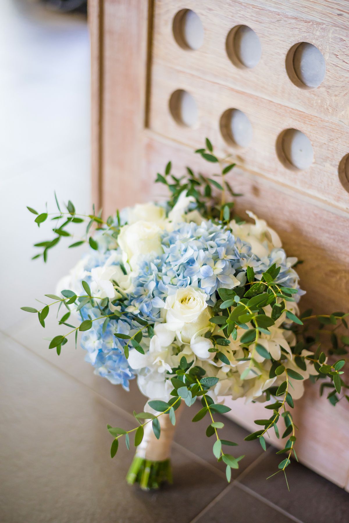 light blue hydrangea wedding bouquet
